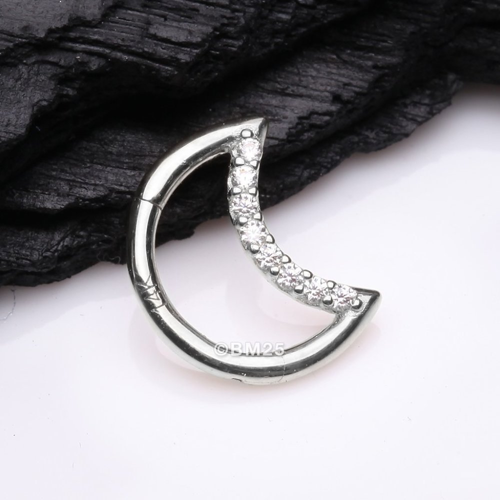 14K White Gold Brilliant Sparkle Gem Lined Crescent Moon Seamless Clicker Ring